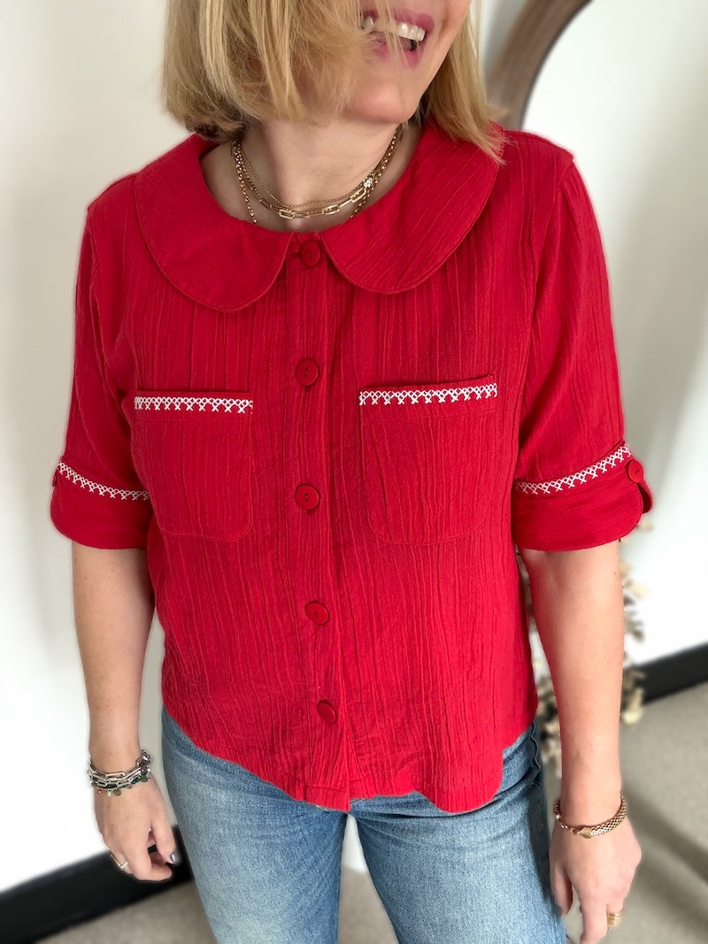 Farrah Crinkle Linen Blend Embroidered Short Sleeve Blouse Red