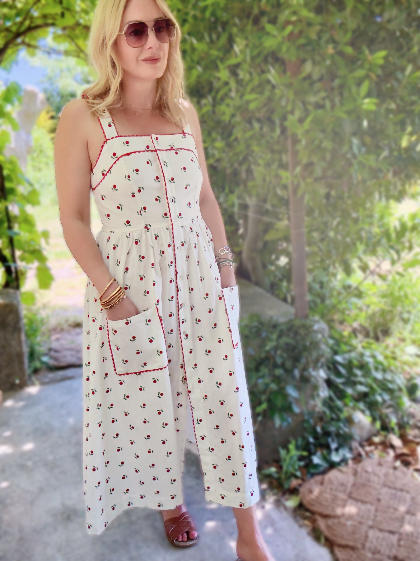 Willow Button Front Patch Pocket Midi Dress Cream Cherry