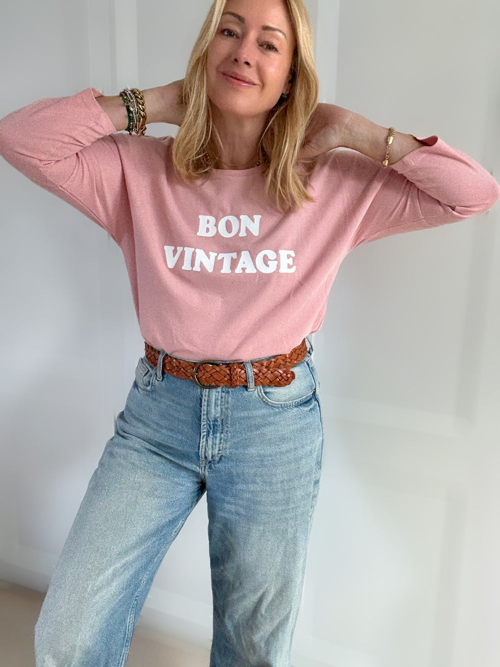 Bon Vintage 3/4 Sleeve Organic Cotton Top Pink White