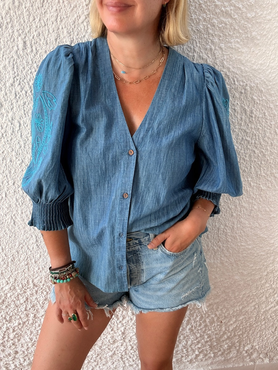 Penny Chambray Pleated Cuff Blouse Peacock Floral Embroidery