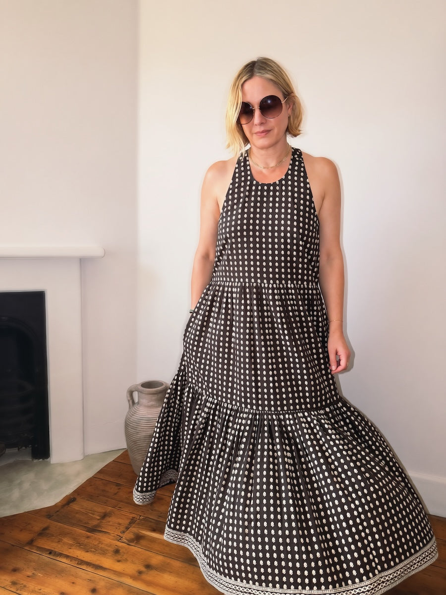 Celeste Organic Cotton Tiered Full Skirt Maxi Dress Deep Brown
