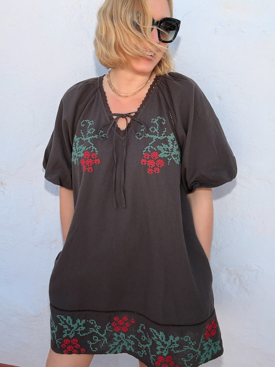 Wendy Short Linen Blend Embroidered Dress Dark Liquorice Brown