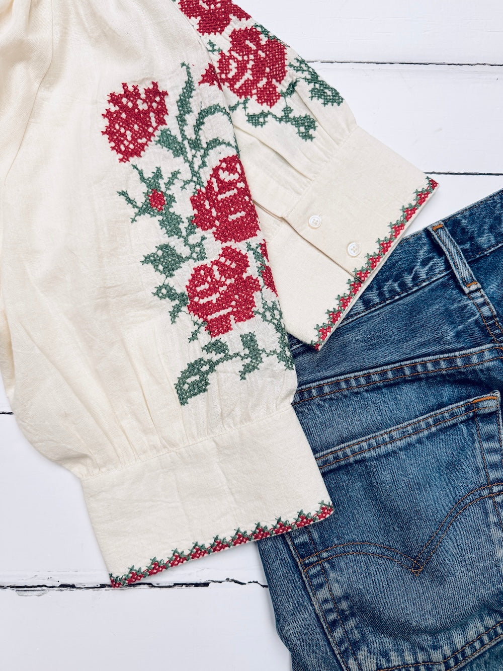 Gracey Boho Blouse Embroidered Sleeve Cream