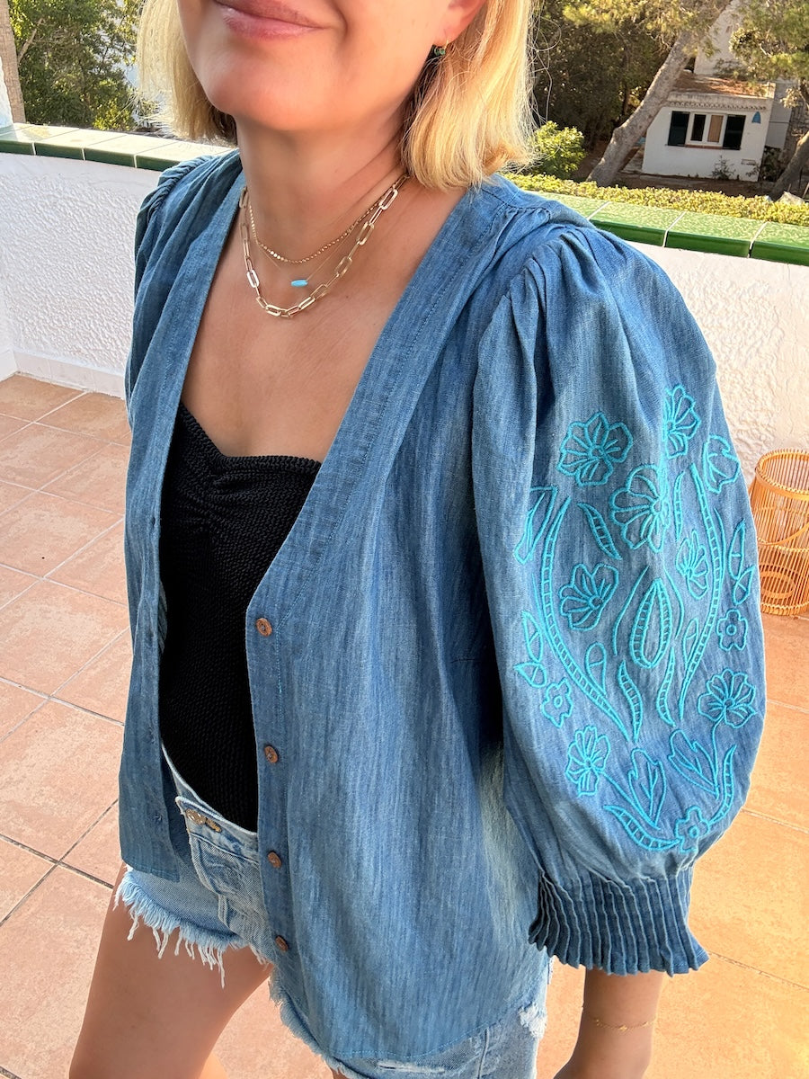 Penny Chambray Pleated Cuff Blouse Peacock Floral Embroidery