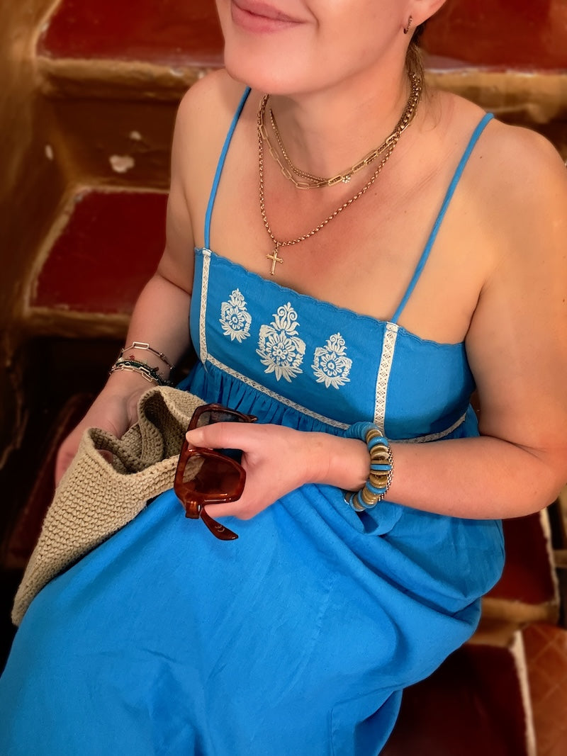 Florence Embroidered Linen Maxi dress Blue