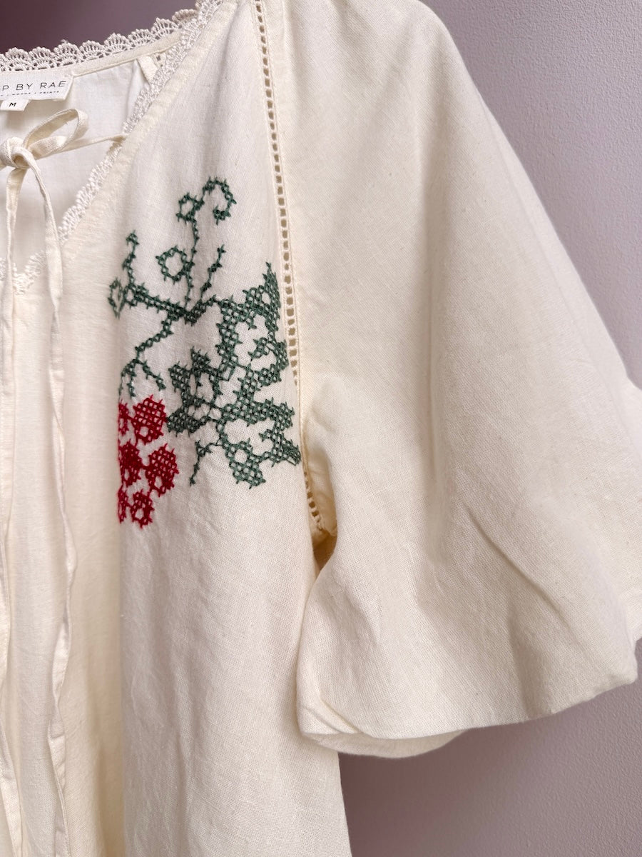 Wendy Short Linen Blend Embroidered Dress Cream