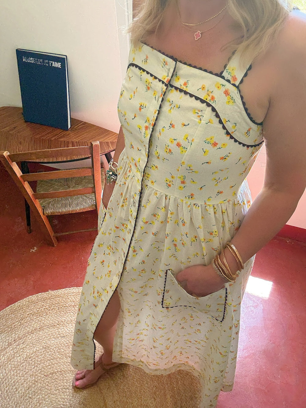 Willow Button Front Patch Pocket Midi Dress Ditsy Yellow Flowers