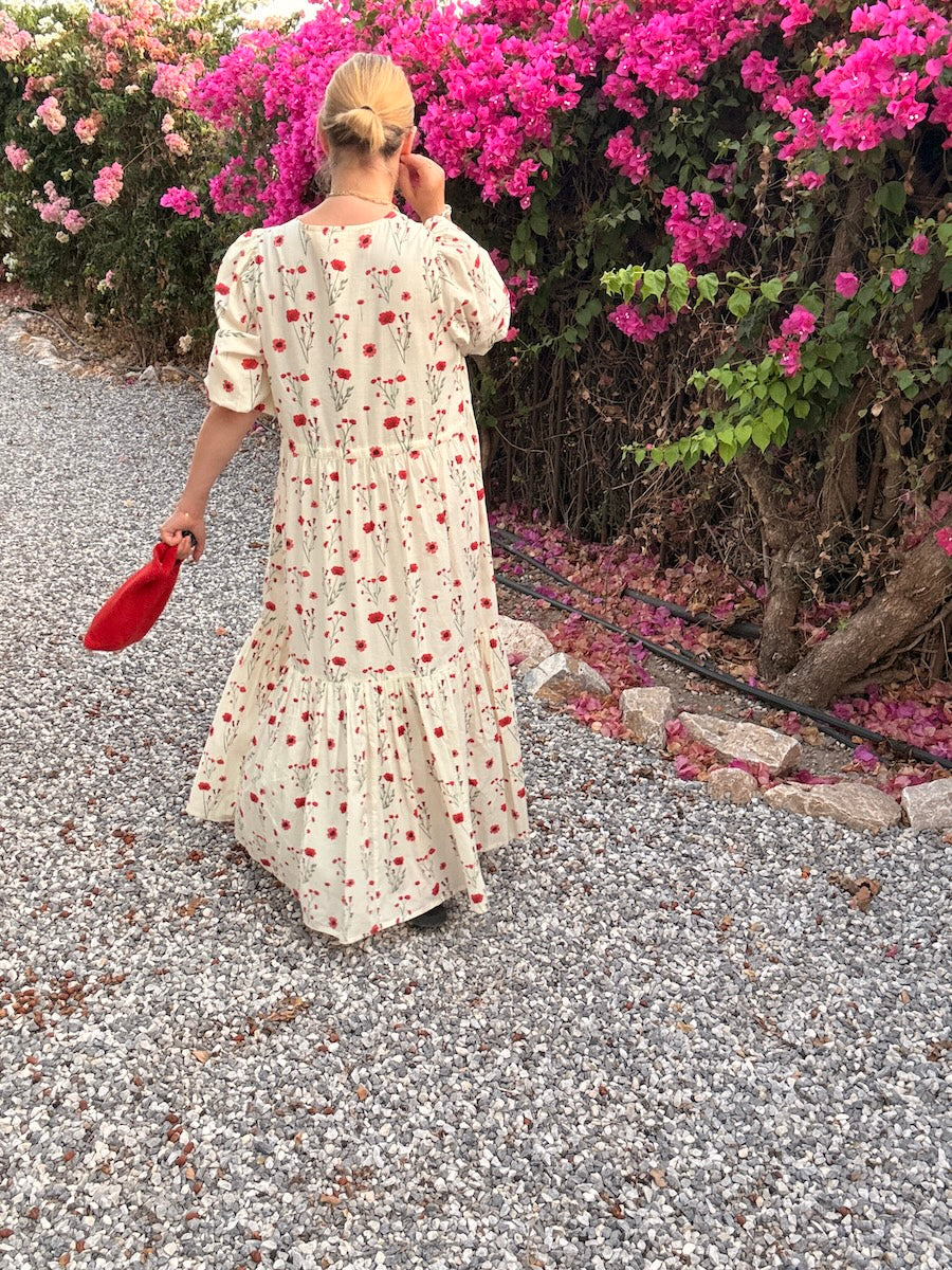 Vanessa Tiered Maxi Dress Red Stem Flower Print