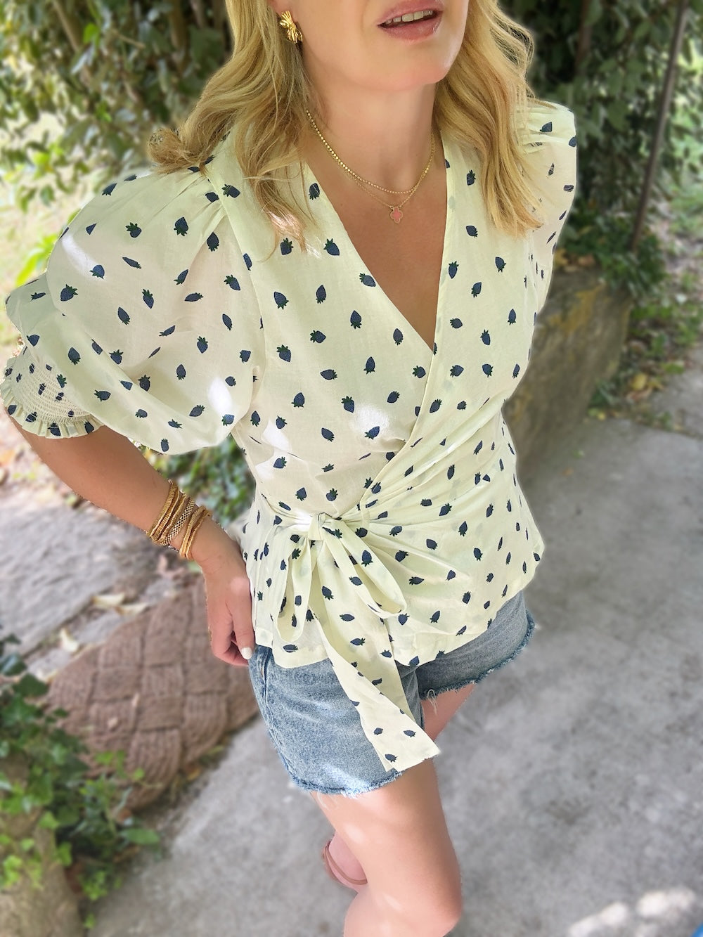 Cara Wrap Blouse with Shirred Cuff Blue Strawberries