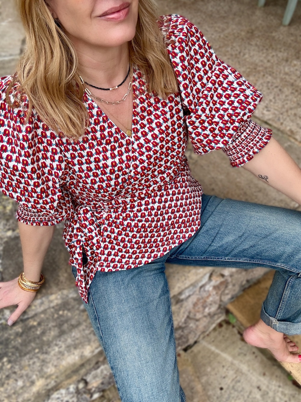 Cara Wrap Blouse with Shirred Cuff Ditsy Tulip