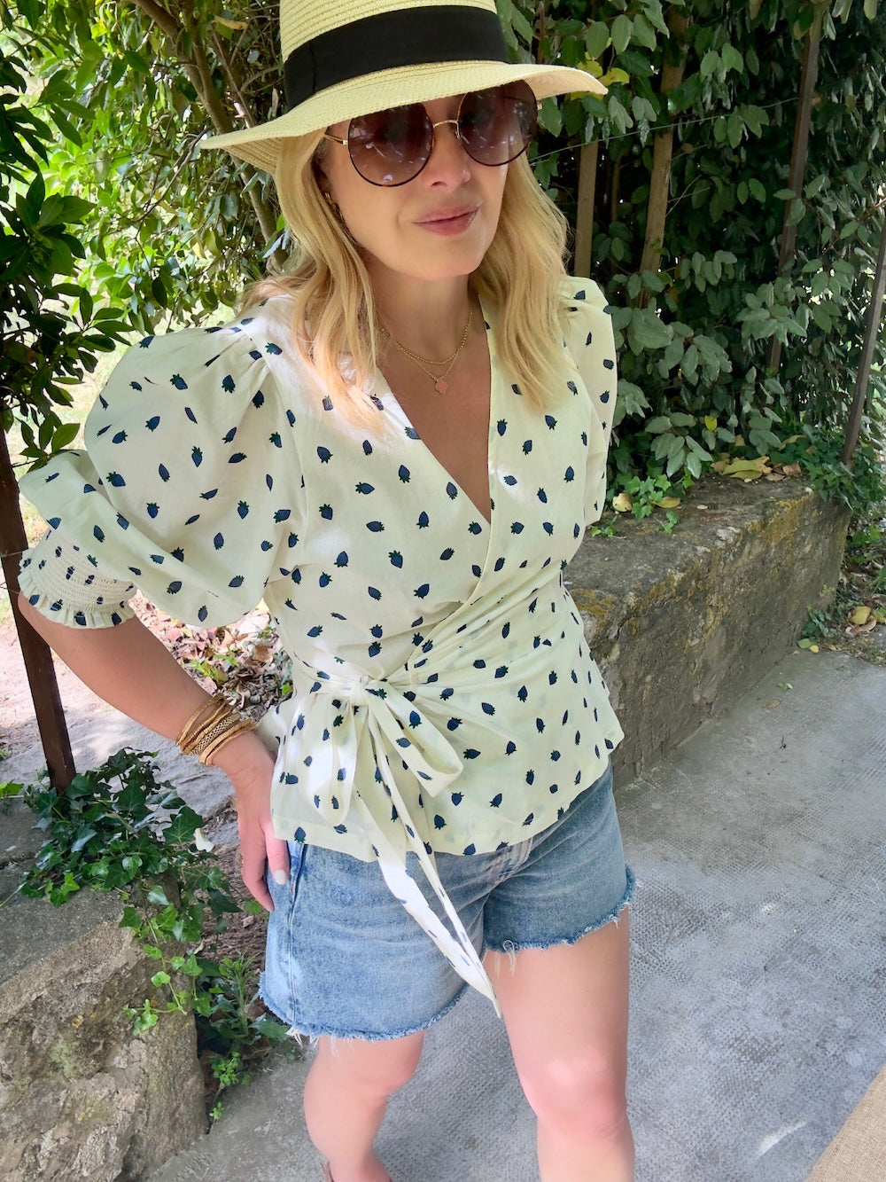 Cara Wrap Blouse with Shirred Cuff Blue Strawberries