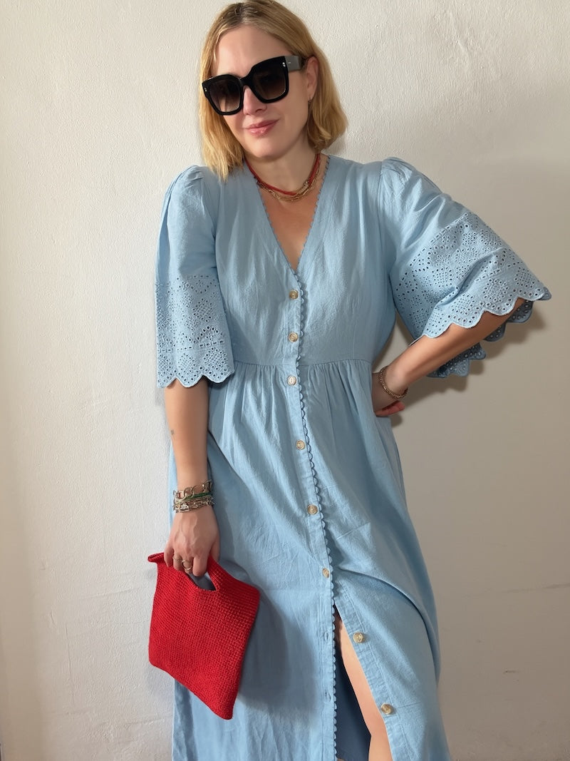 Ava Button Front Dress Lace Cut Sleeves Sky Blue