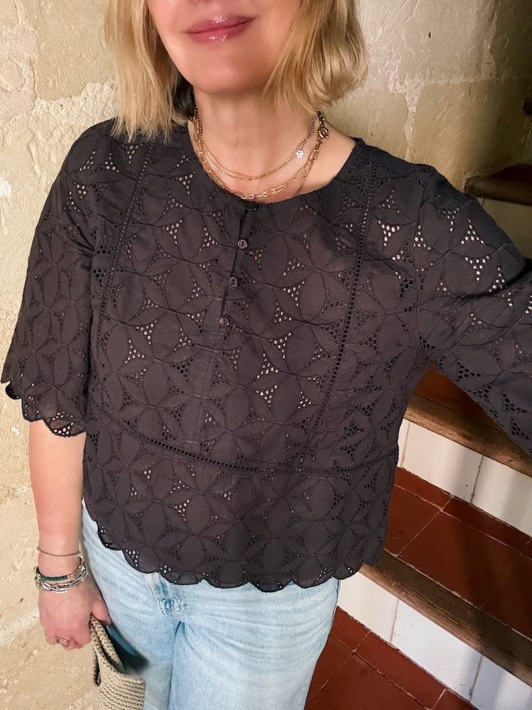 Sadie Broderie Blouse Scalloped Edge Dark Brown