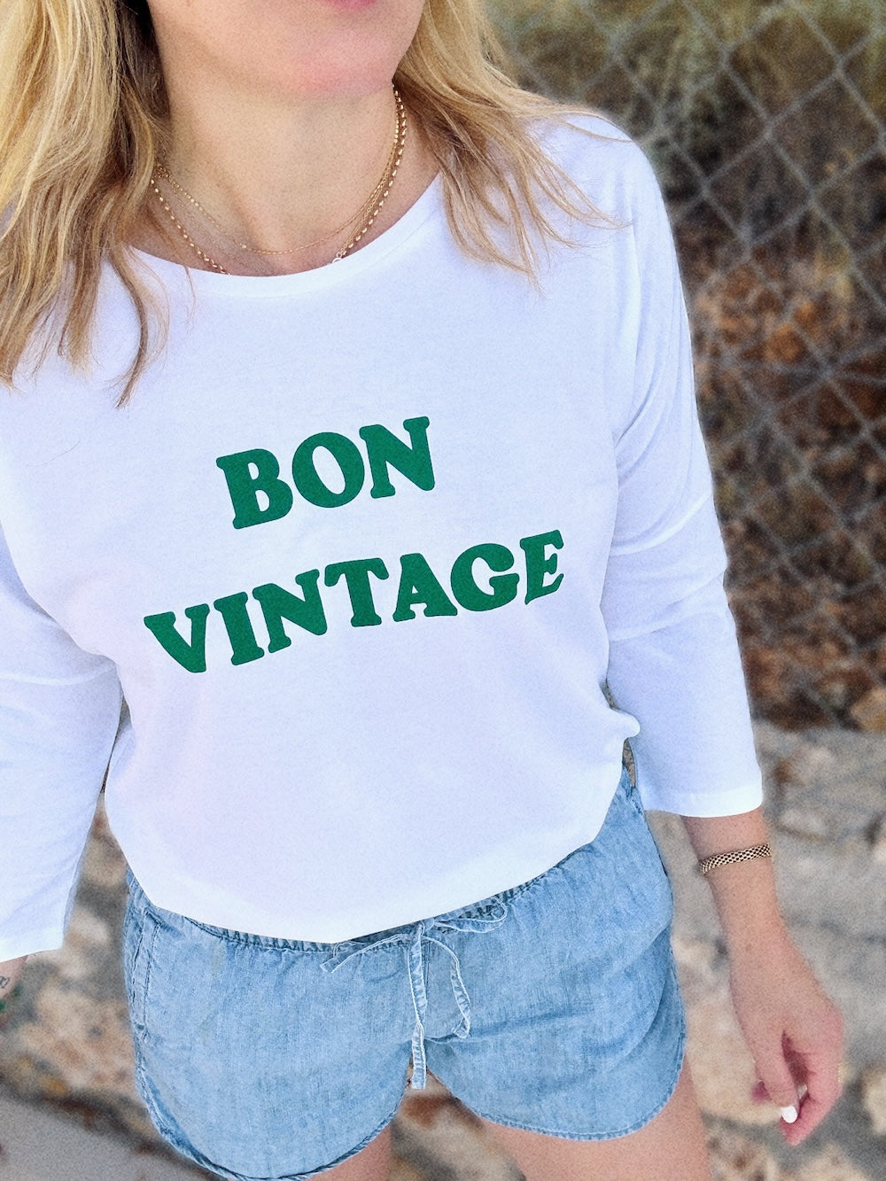Bon Vintage 3/4 Sleeve Organic Cotton Top White Green