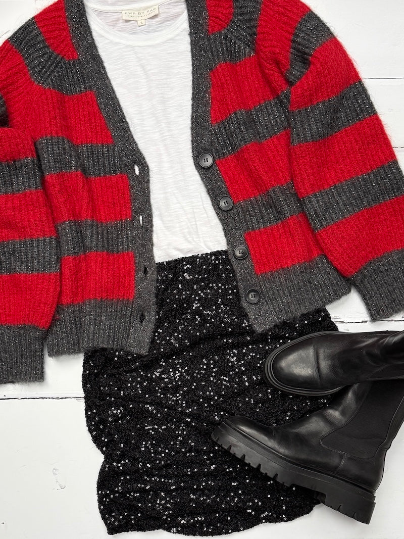 Joni Wide Stripe Wool Cardigan Red Charcoal