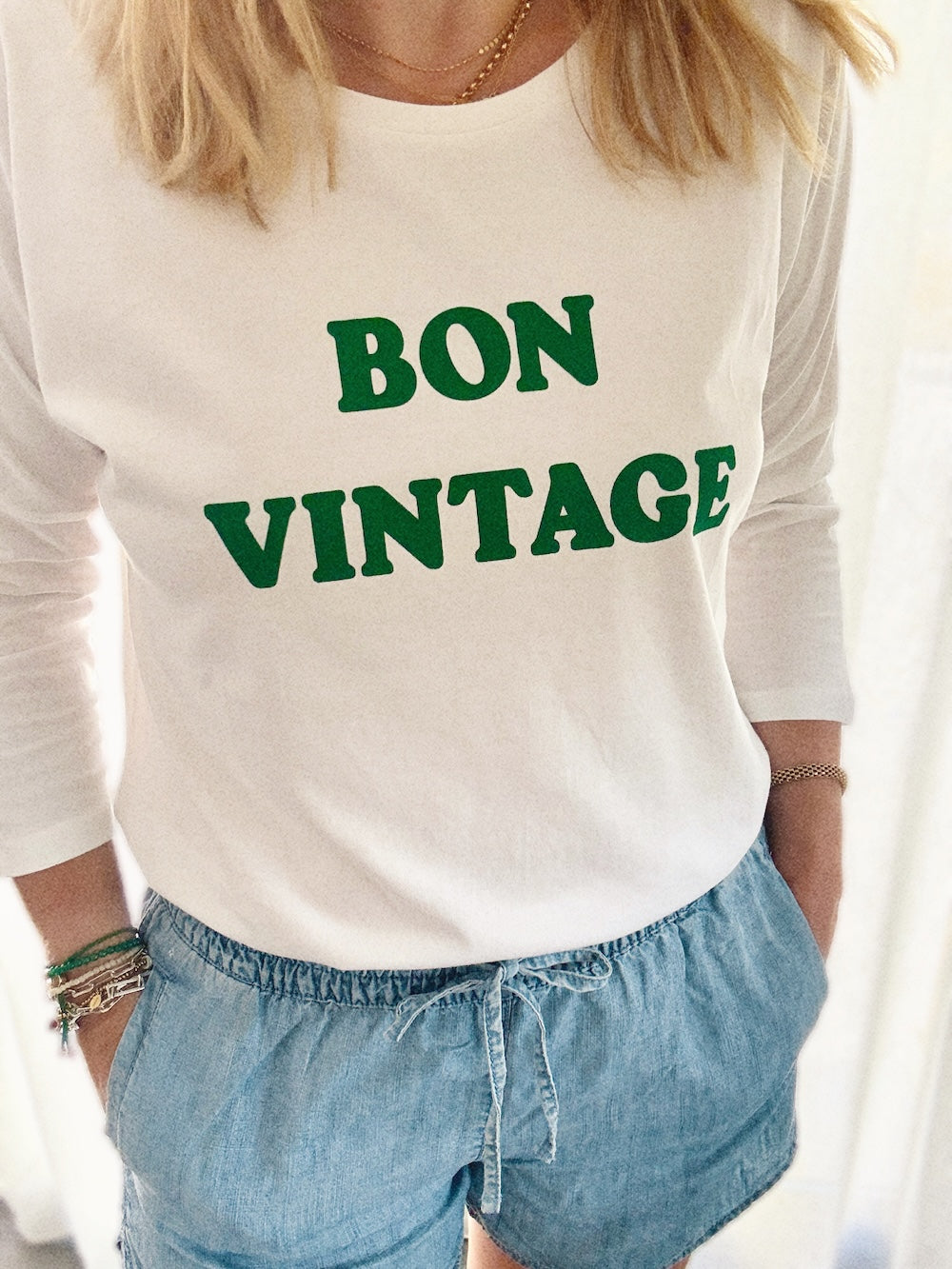 Bon Vintage 3/4 Sleeve Organic Cotton Top White Green