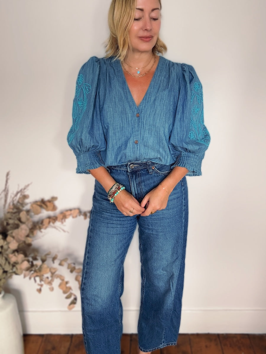 Penny Chambray Pleated Cuff Blouse Peacock Floral Embroidery