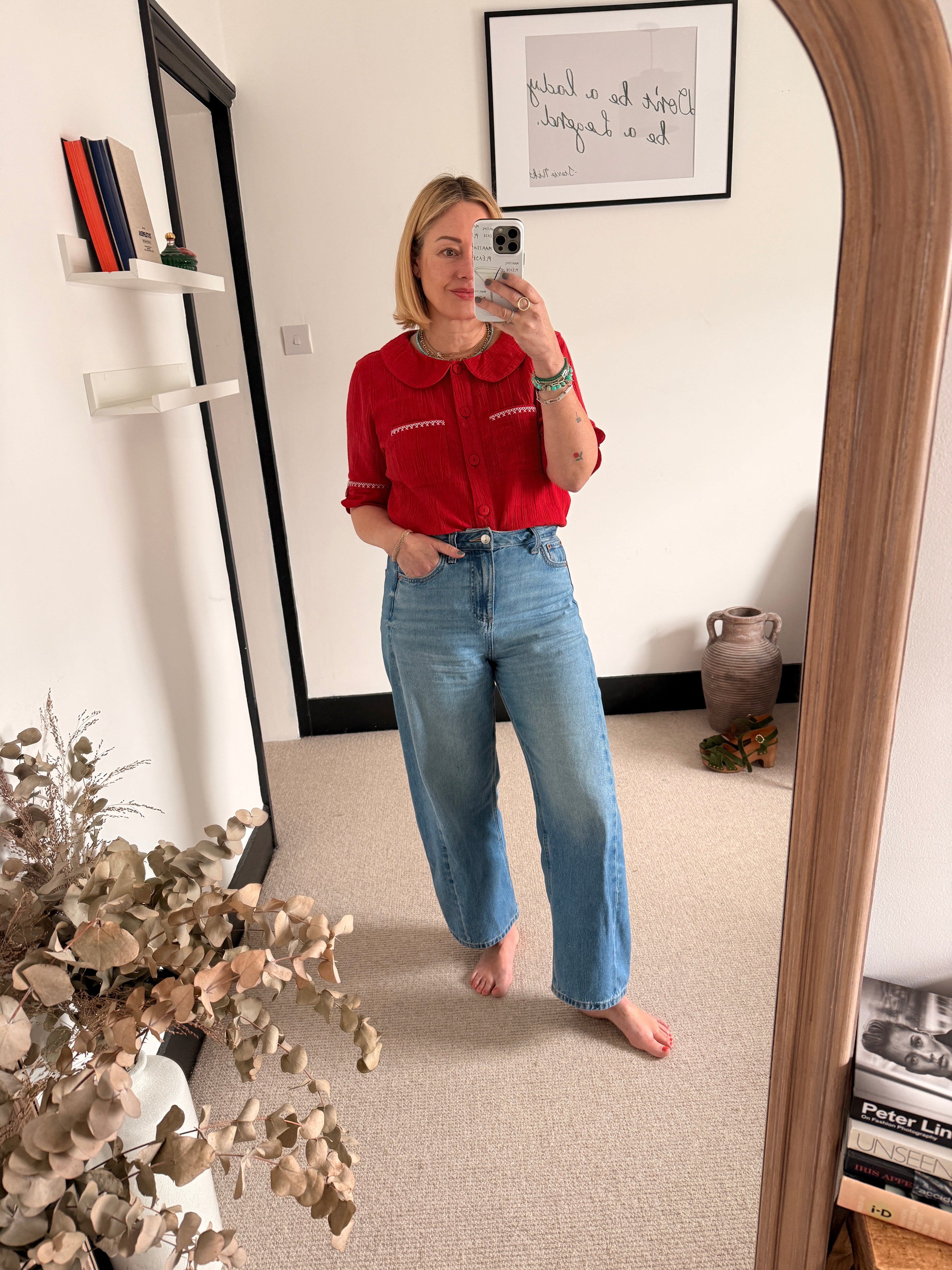 Farrah Crinkle Linen Blend Embroidered Short Sleeve Blouse Red