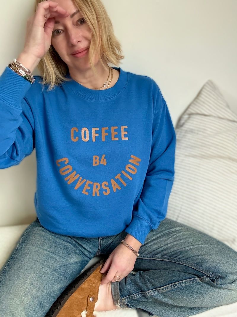 Coffee Before Conversation Sweatshirt Denim blue and Caramel