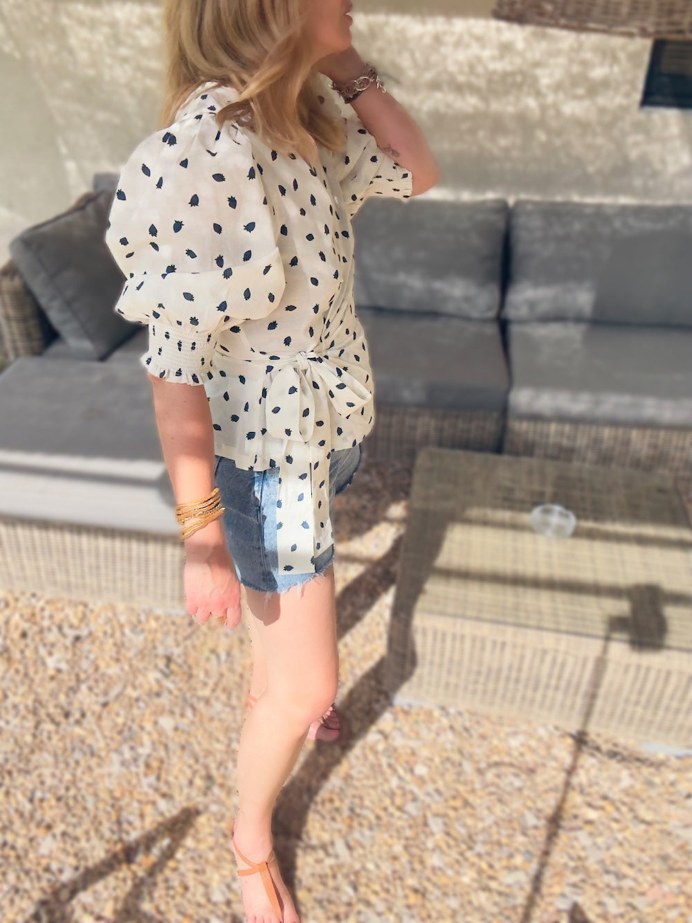 Cara Wrap Blouse with Shirred Cuff Blue Strawberries