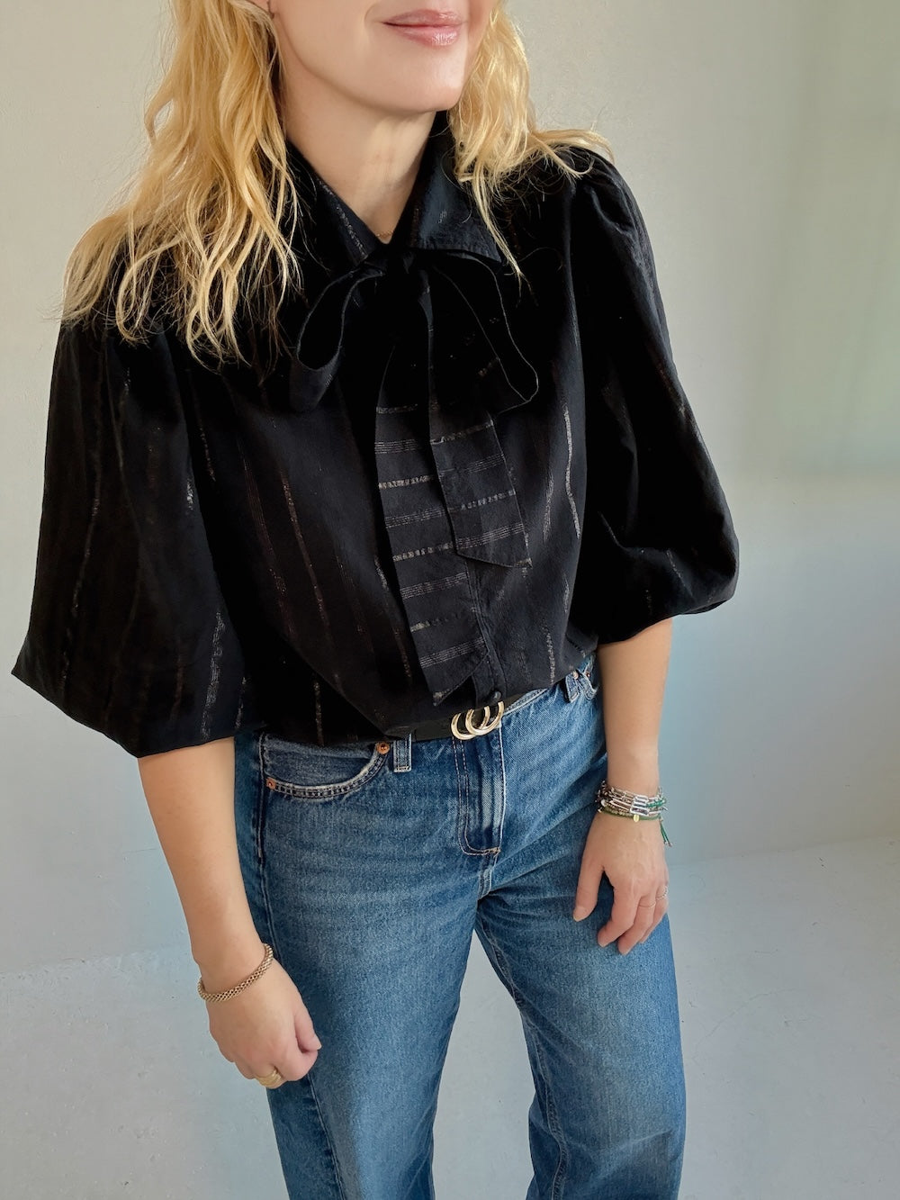 Bianca Puff Sleeve Cotton Lurex Blouse with Tie Black