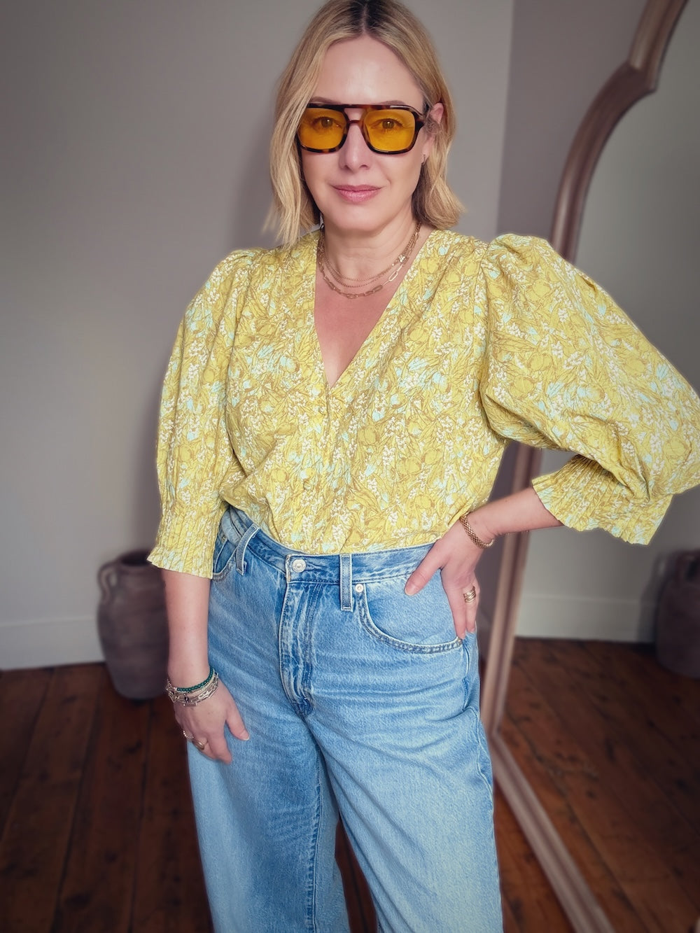 Penny Yellow Floral Olive Print Pleated Cuff Blouse