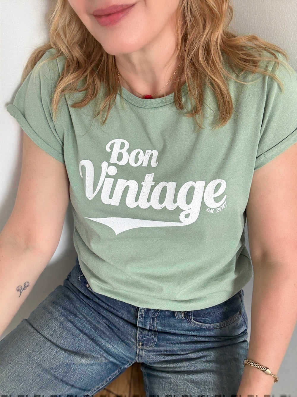 Bon Vintage Retro Tee Stone Wash Sage White