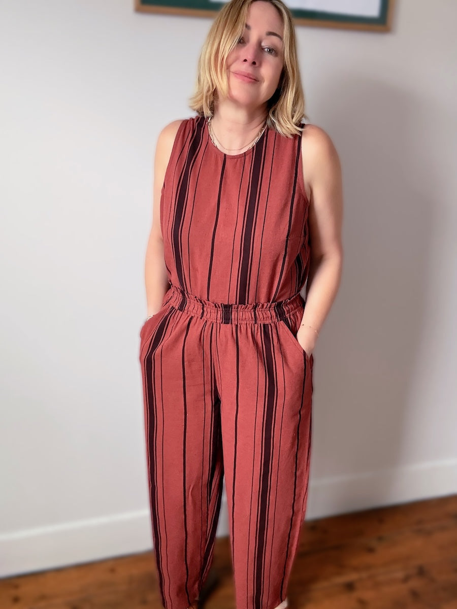 Imogen Linen Cotton Blend Russet Brown Striped Relaxed Trousers