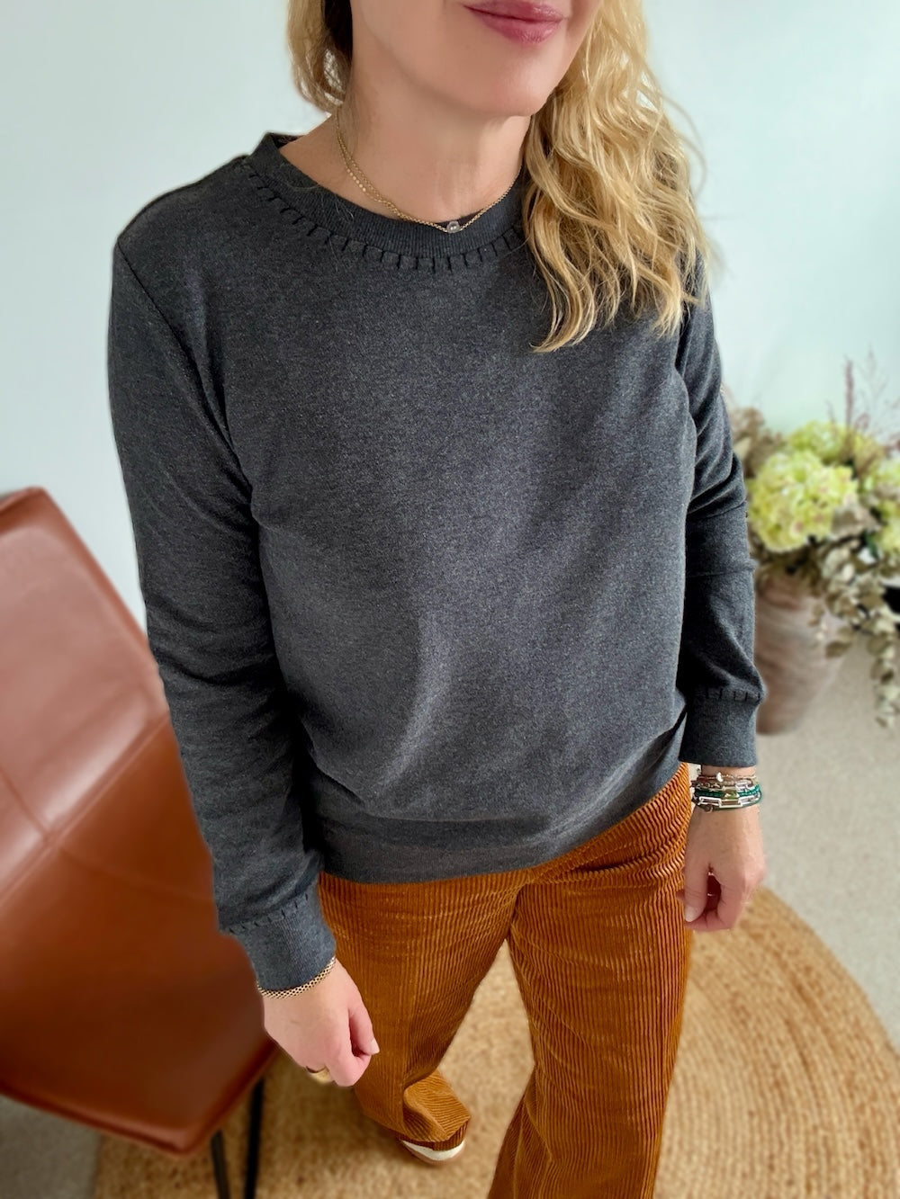 Maeve Fine Knit Blanket Stitch Sweatshirt Charcoal Grey
