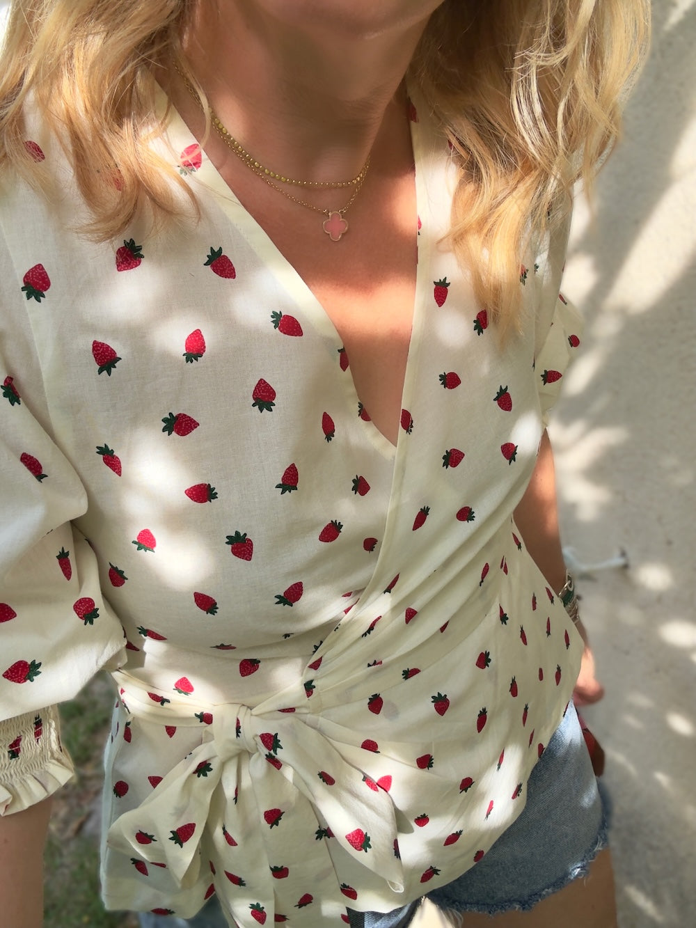 Cara Wrap Blouse with Shirred Cuff Red Strawberries