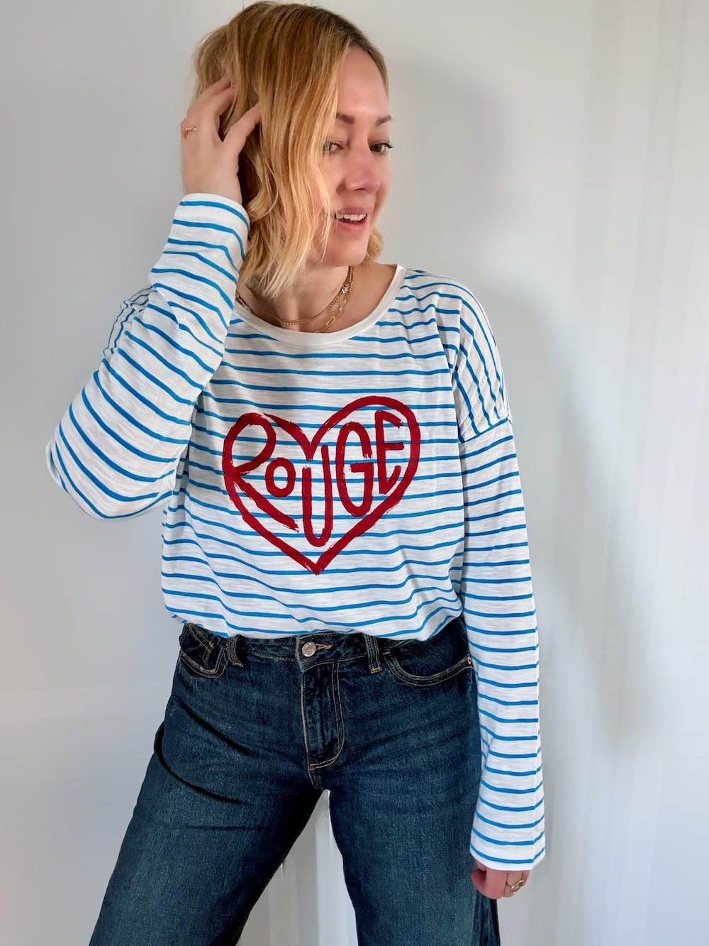 Rouge heart slogan Stripe Long Sleeve Tee Azure blue White