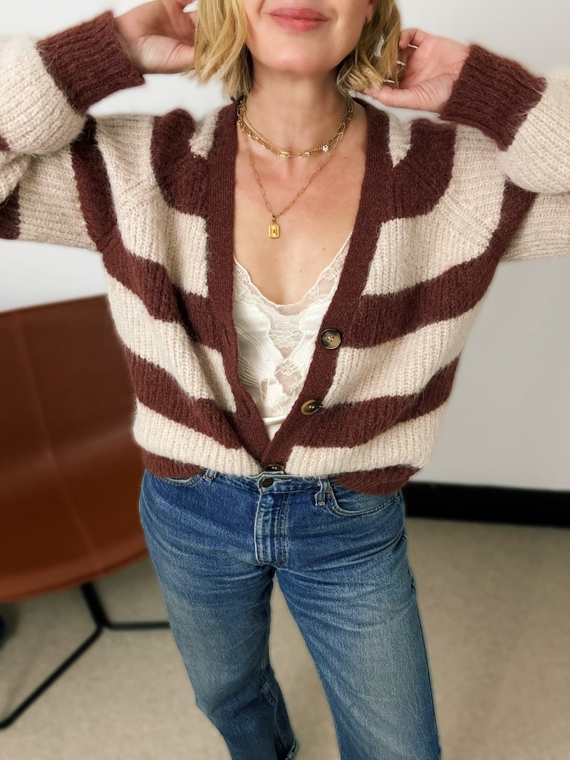Joni Wide Stripe Wool Cardigan Brown Beige