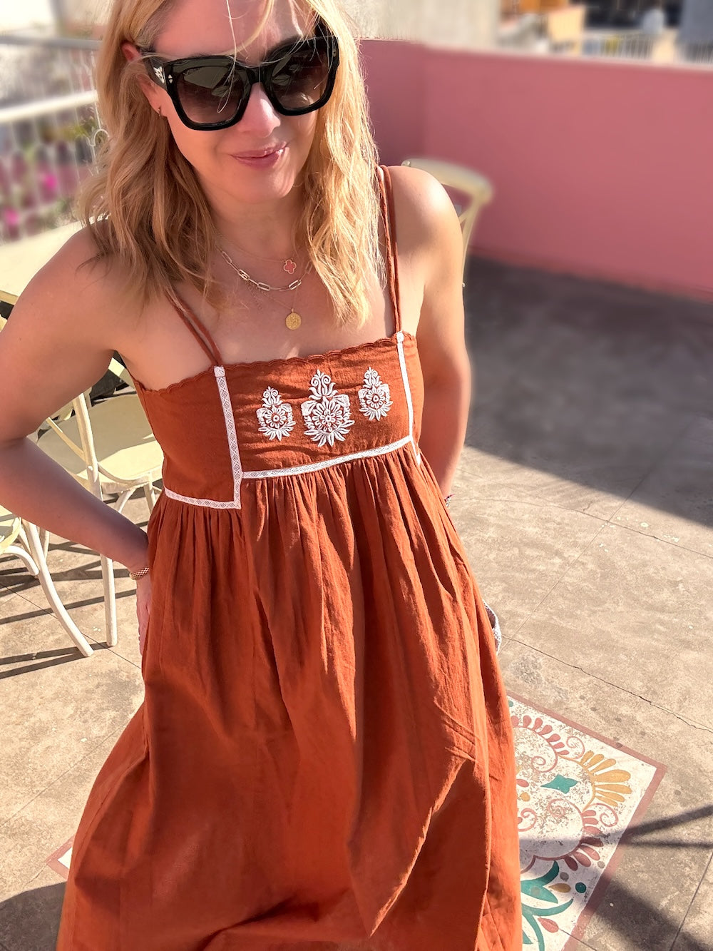 Florence Embroidered Linen Maxi Dress Brown