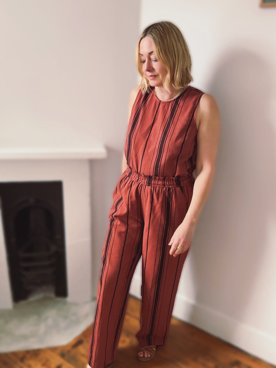 Imogen Linen Cotton Blend Russet Brown Striped Relaxed Trousers