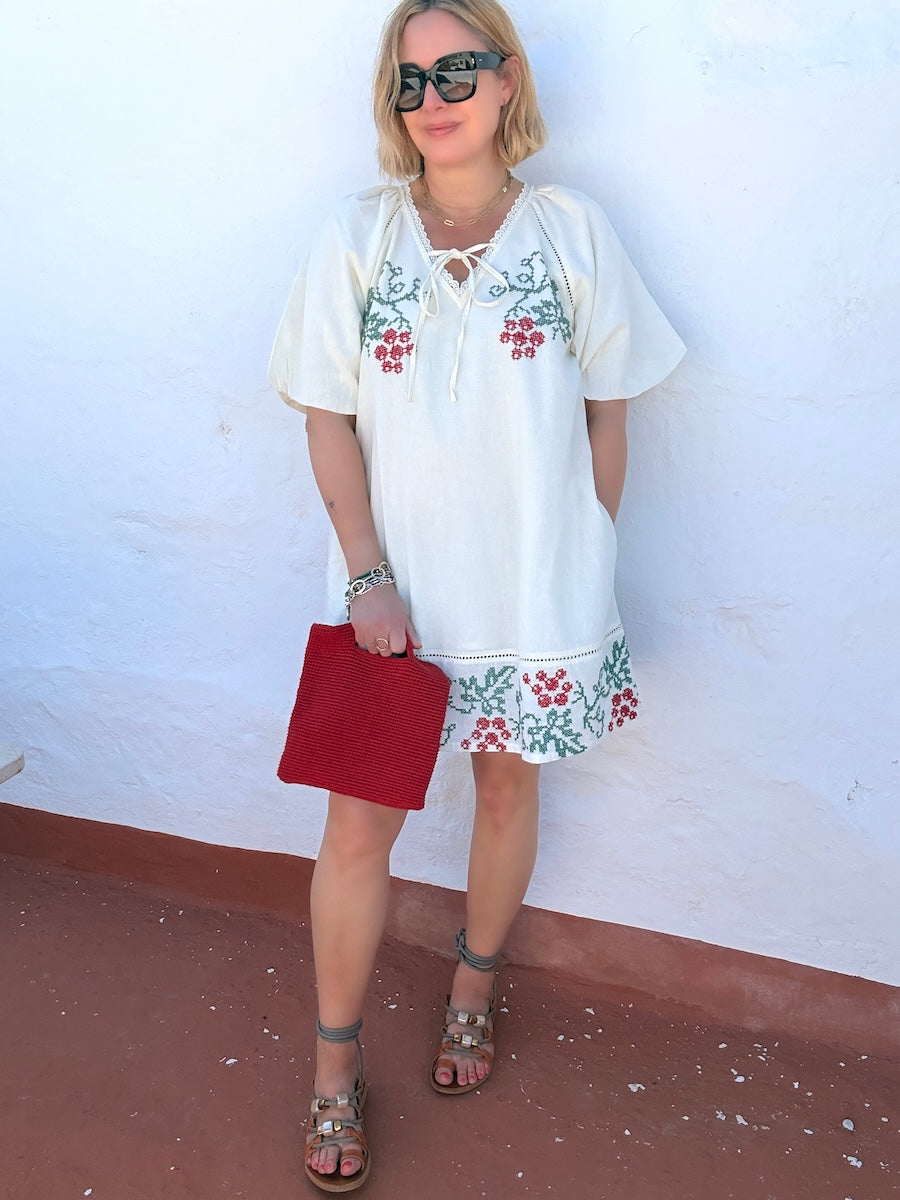 Wendy Short Linen Blend Embroidered Dress Cream
