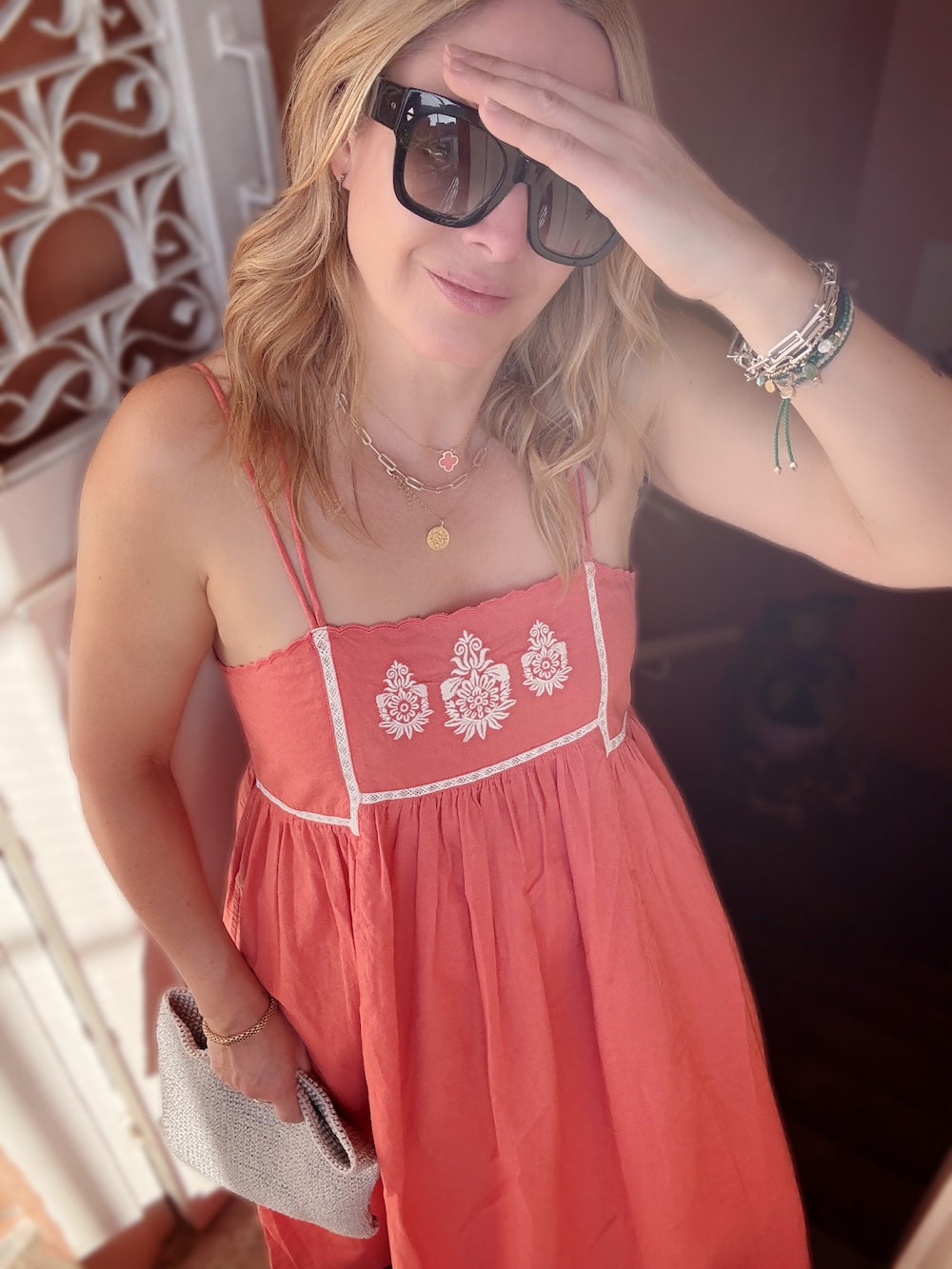 Florence Embroidered Linen Maxi Dress Terracotta Pink