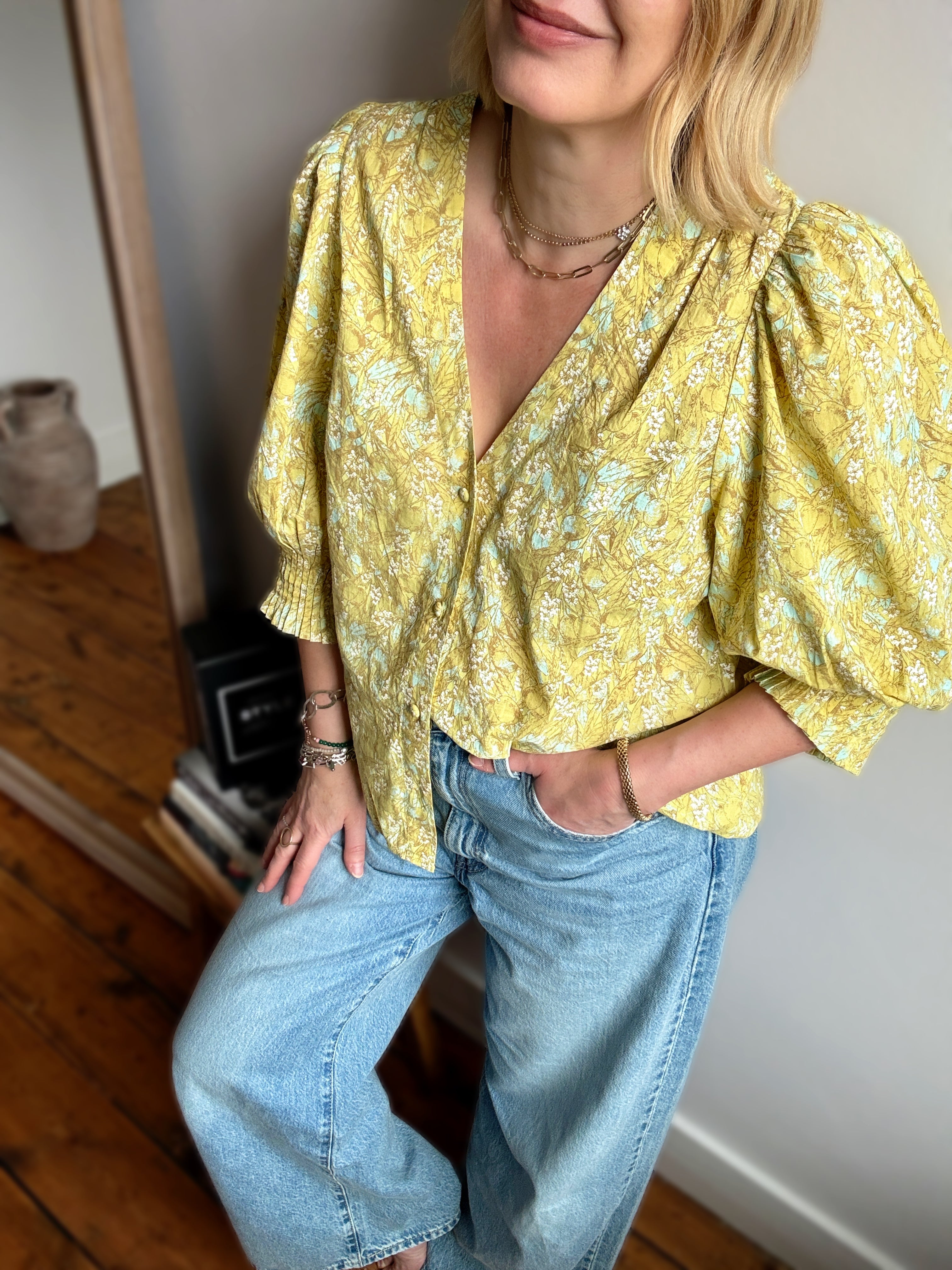 Penny Yellow Floral Olive Print Pleated Cuff Blouse