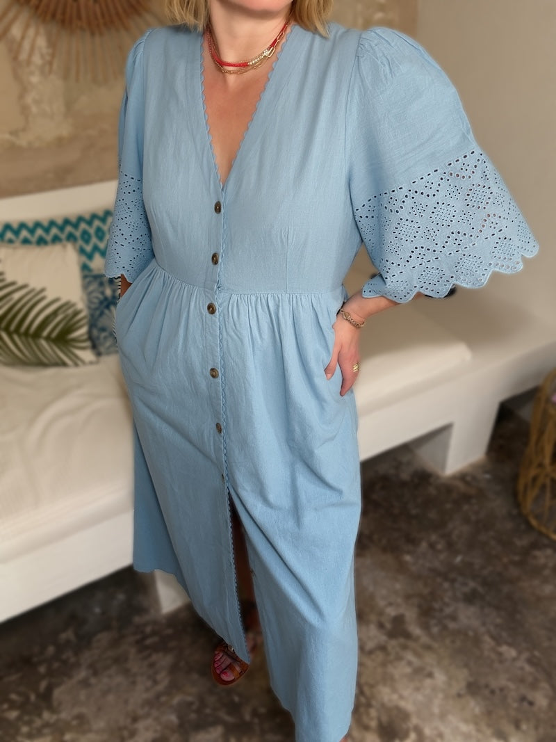 Ava Button Front Dress Lace Cut Sleeves Sky Blue