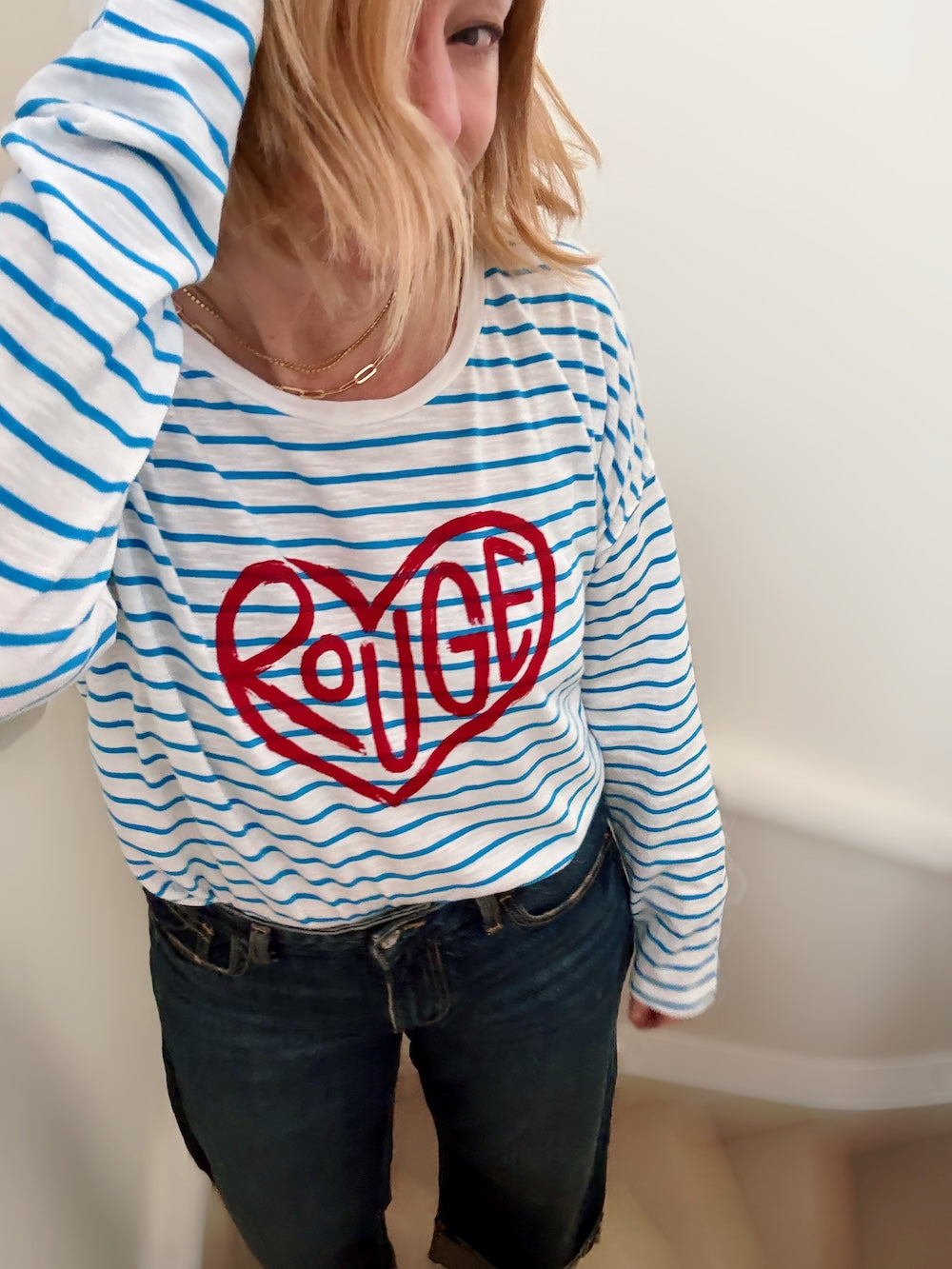 Rouge heart slogan Stripe Long Sleeve Tee Azure blue White
