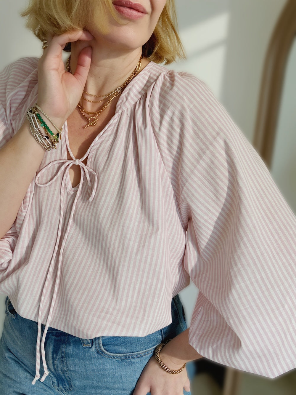 Emily Poet Blouse Soft Pink Stripe