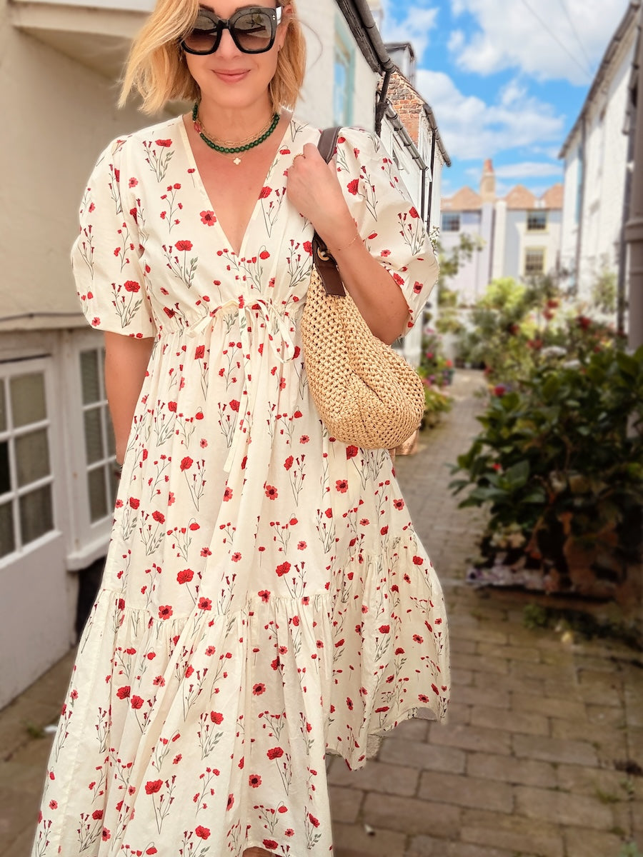 Vanessa Tiered Maxi Dress Red Stem Flower Print