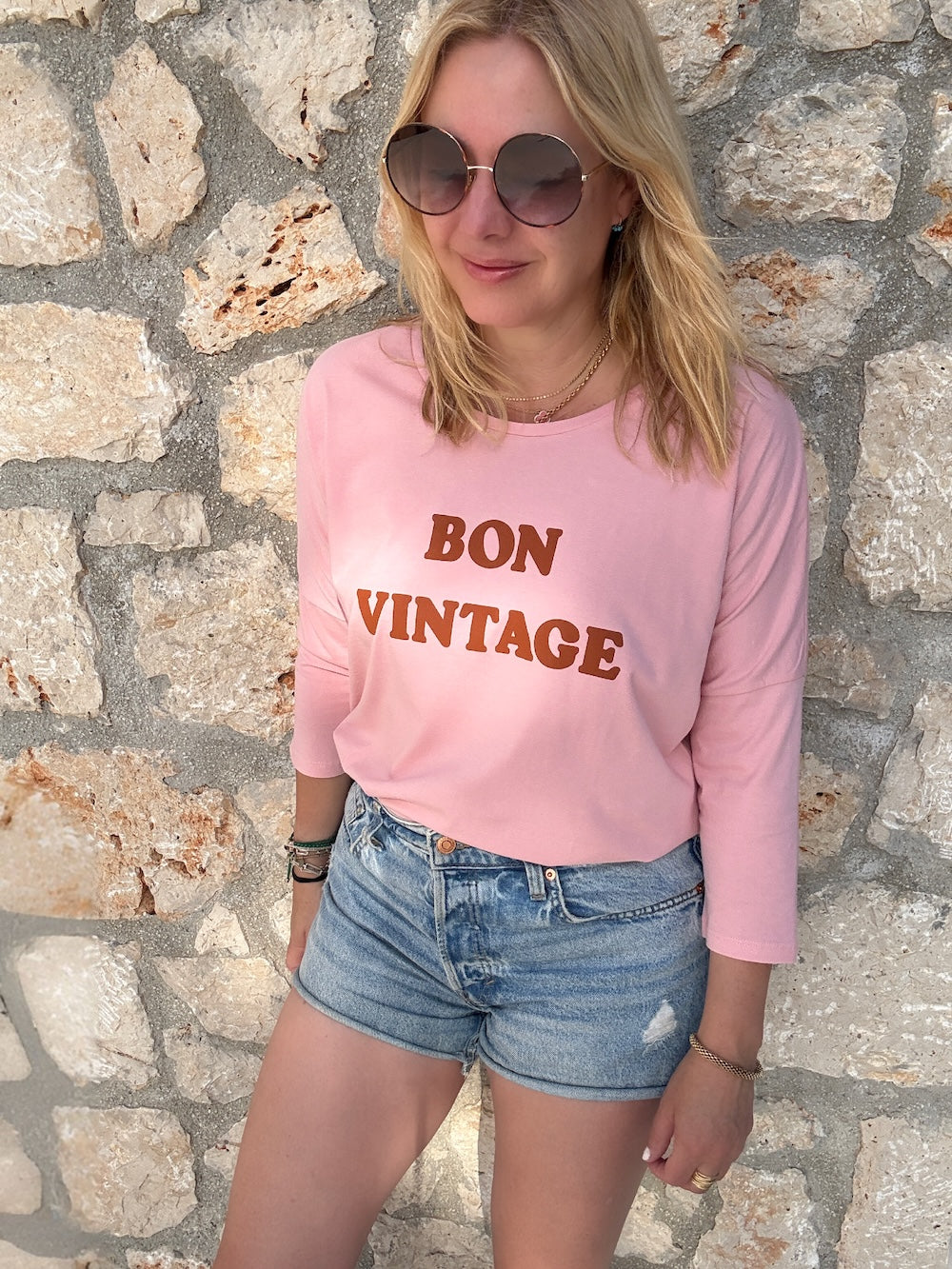 Bon Vintage 3/4 Sleeve Organic Cotton Top Pink Caramel