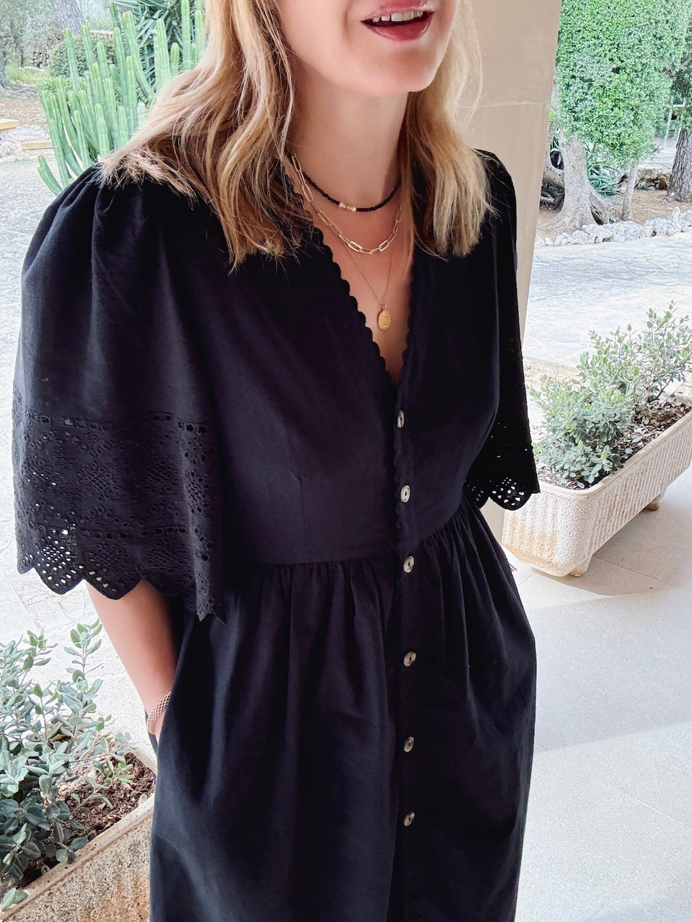 Ava Button Front Midi Dress Embroidered Sleeve Black