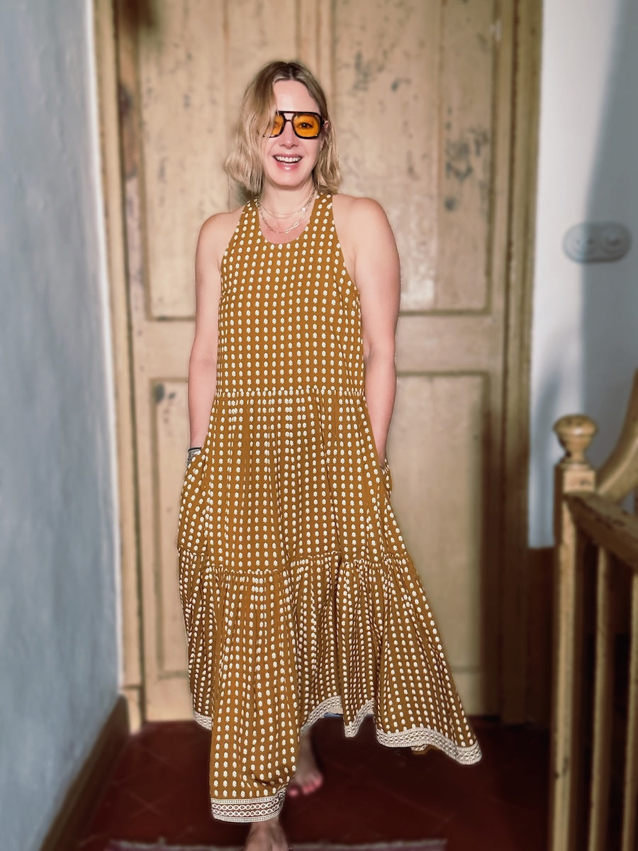 Celeste Organic Cotton Tiered Full Skirt Maxi Dress Mustard