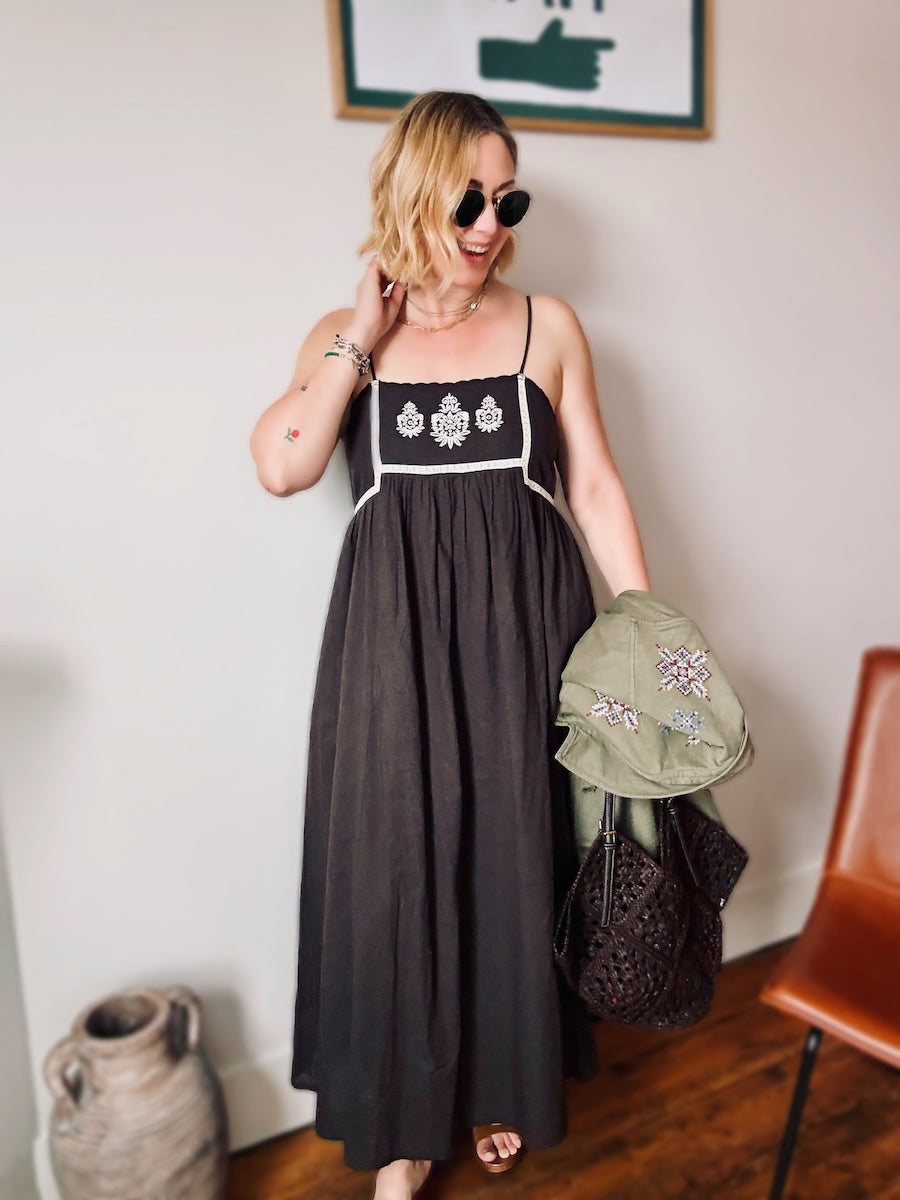 Florence Embroidered Linen Maxi dress Dark Liquorice Brown