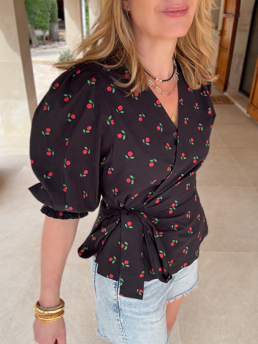Cara Wrap Blouse with Shirred Cuff Cherry Print