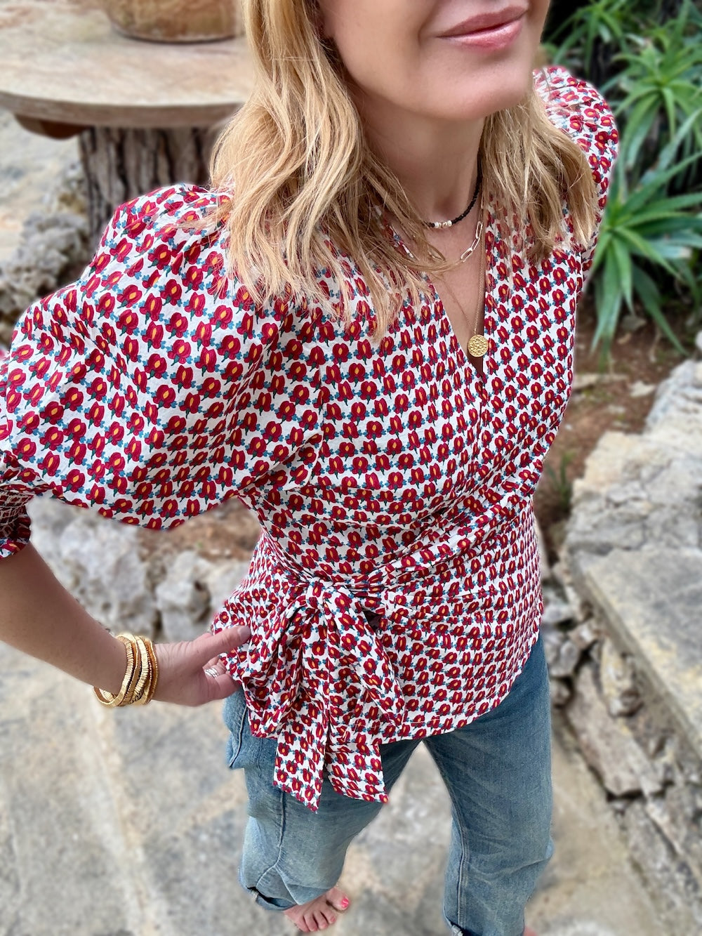 Cara Wrap Blouse with Shirred Cuff Ditsy Tulip