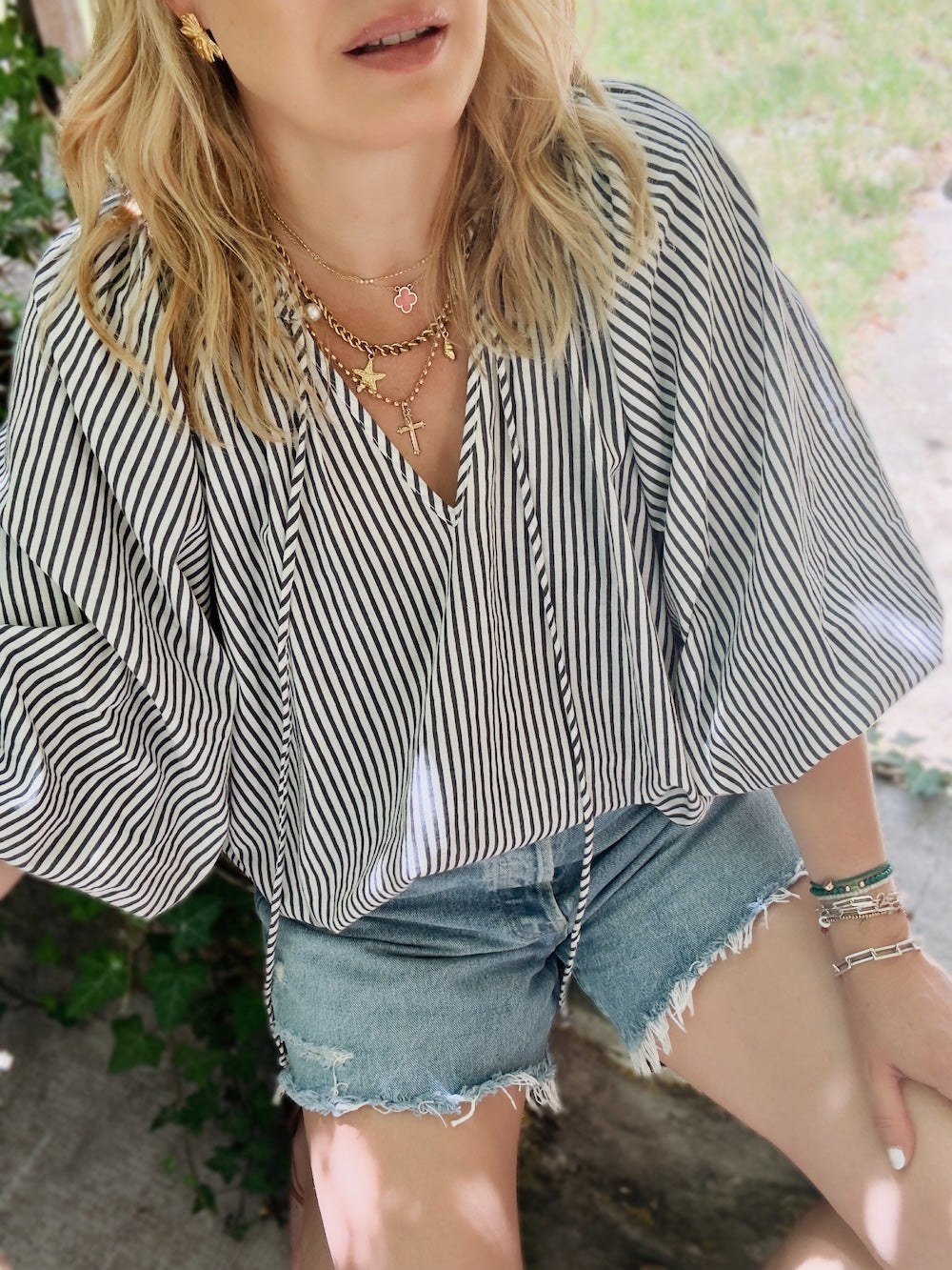 Emily Stripe Poet Blouse Organic Cotton Grey