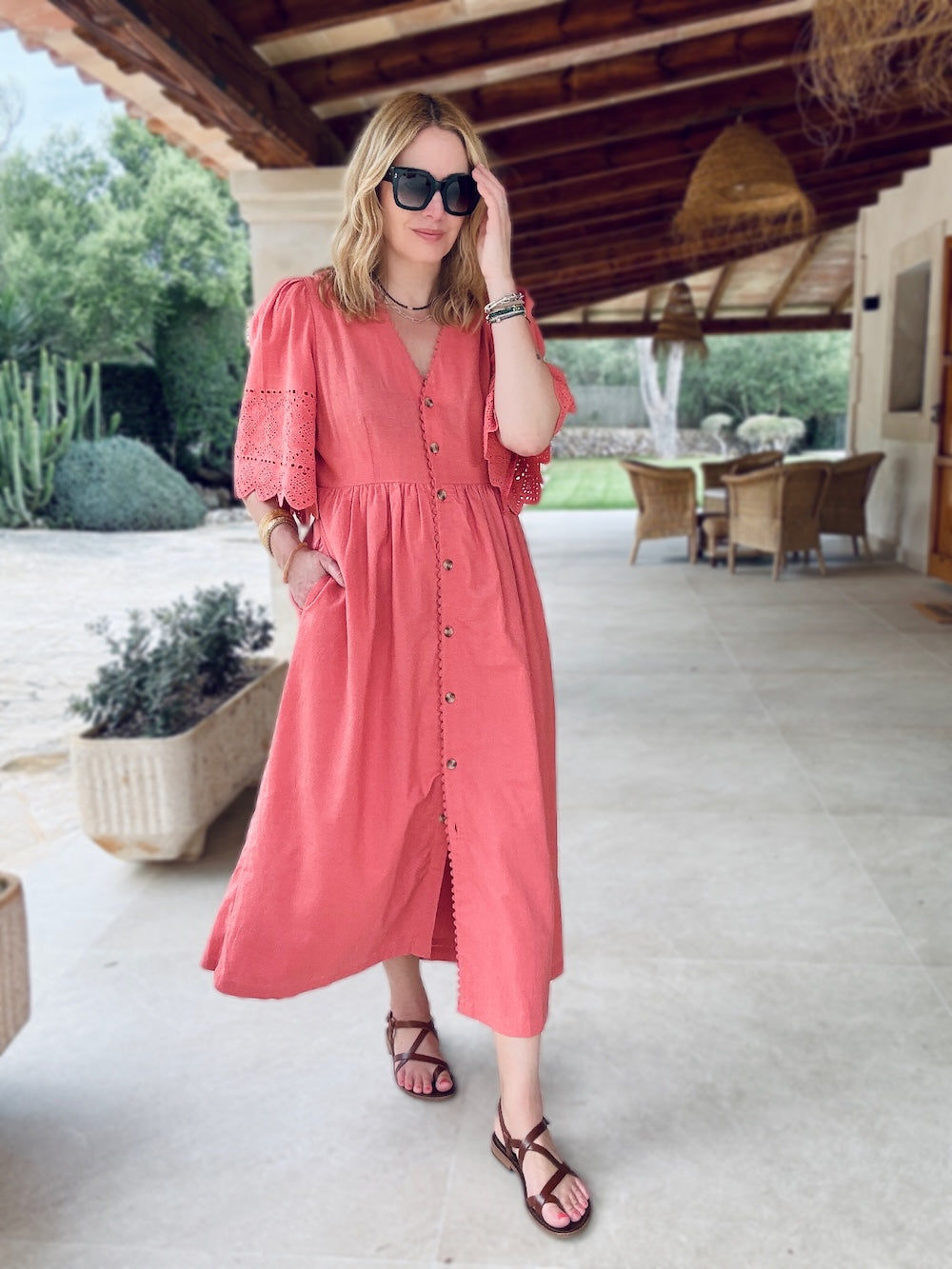 Ava Button Front Midi Dress Embroidered Sleeve Terracotta Pink