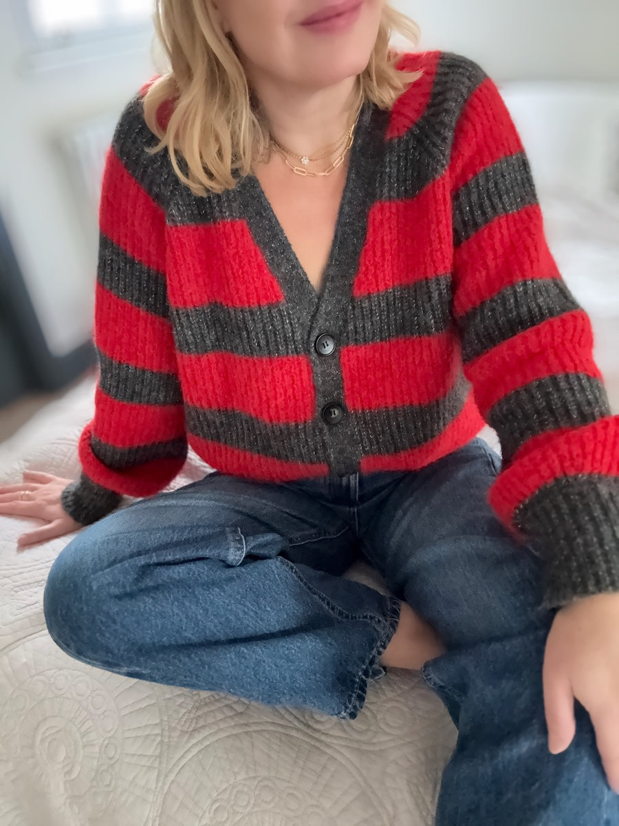 Joni Wide Stripe Wool Cardigan Red Charcoal